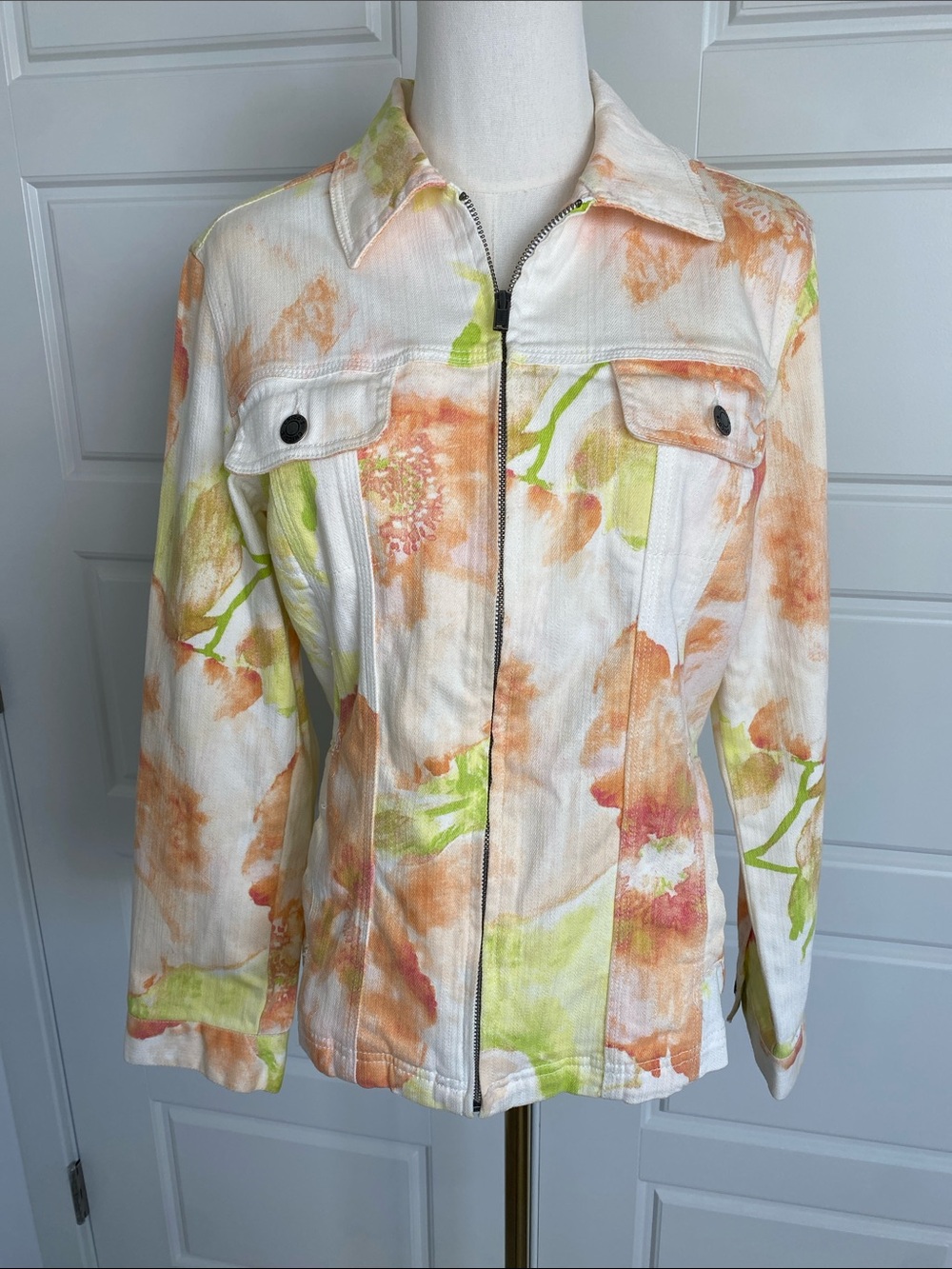 Chico’s Additions Floral Denim Zip Front Jacket Size 1 Medium